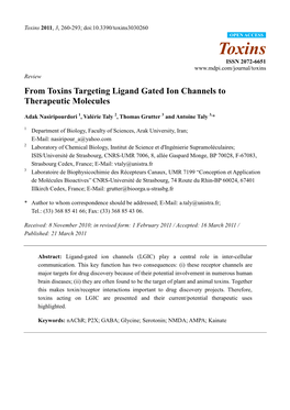 From Toxins Targeting Ligand Gated Ion Channels to Therapeutic Molecules