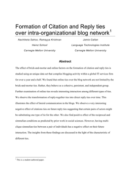 Formation of Citation and Reply Ties Over Intra-Organizational Blog Network 1