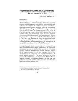Population and Governance in Mid-18Th Century Bhutan, As Revealed in the Enthronement Record of Thugs-Sprul ’Jigs Med Grags Pa I (1725-1761)