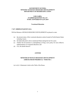 Government of India Ministry of Human Resource Development Department of Higher Education Lok Sabha Starred Question No. 417 To