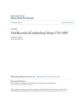 Vital Records of Cumberland, Maine 1701-1892 Thomas C