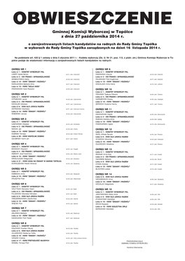 Gminnej Komisji Wyborczej W Topólce Z Dnia 27 Października 2014 R