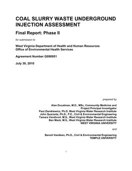 Coal Slurry Waste Underground Injection Assessment