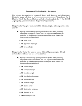 Amendment No. 1 to Registry Agreement the Internet Corporation