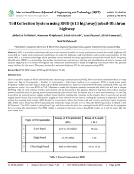 Toll Collection System Using RFID (613 Highway) Jubail-Dhahran Highway