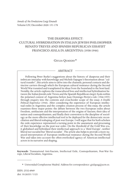 The Diaspora Effect: Cultural Hybridisation in Italian Jewish Philosopher Renato Treves and Spanish Republican Essayist Francisco Ayala in Argentina (1938-1944)