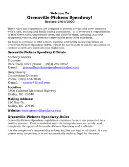 Greenville-Pickens Speedway Rules Greenville-Pickens Speedway Regulations Contained Herein Are Presented in a Positive Manner