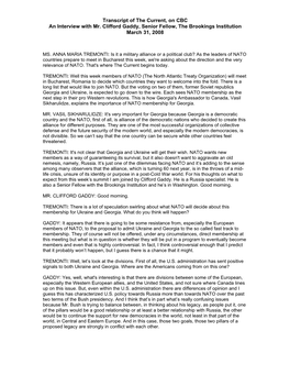 Transcript of the Current, on CBC an Interview with Mr. Clifford Gaddy, Senior Fellow, the Brookings Institution March 31, 2008