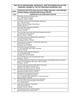 List of Associations / Individuals / Writ Petitioners Called for Personal Hearing by the Pay Grievance Redressal Cell