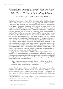 Friendship Among Literati. Matteo Ricci SJ (1552–1610) in Late Ming China