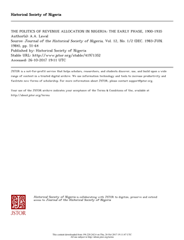 THE POLITICS of REVENUE ALLOCATION in NIGERIA: the EARLY PHASE, 1900-1935 Author(S): A.A