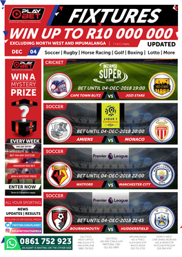UPDATED DEC 04 Soccer | Rugby | Horse Racing | Golf | Boxing | Lotto | More