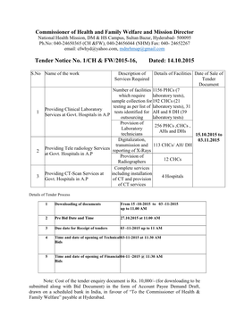Tender Notice No. 1/CH & FW/2015-16, Dated
