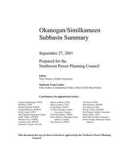 Okanogan/Similkameen Subbasin Summary