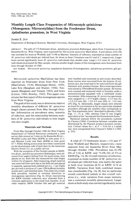 Monthly Length Class Frequencies of Microcotyle Spinicirrus (Monogenea: Microcotylidae) from the Freshwater Drum, Aplodinotus Grunniens, in West Virginia