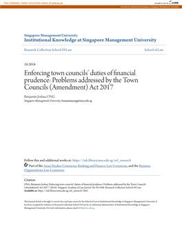 Problems Addressed by the Town Councils (Amendment) Act 2017 Benjamin Joshua ONG Singapore Management University, Benjaminjong@Smu.Edu.Sg