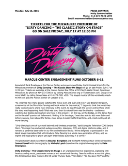 Dirty Dancing – the Classic Story on Stage” Go on Sale Friday, July 17 at 12:00 Pm