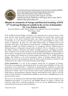 Blissful Six Ornaments of Naropa and Historical Teachings of H H 12Th Gyalwang Drukpa in Ladakh in the Service of Humanities Mr