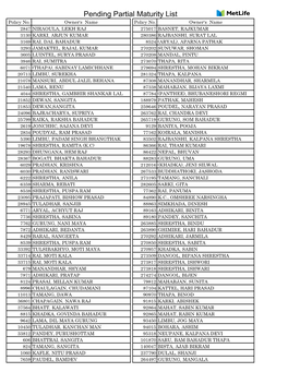 Pending Partial Maturity List Policy No