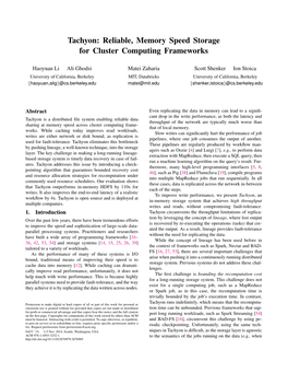 Tachyon: Reliable, Memory Speed Storage for Cluster Computing Frameworks