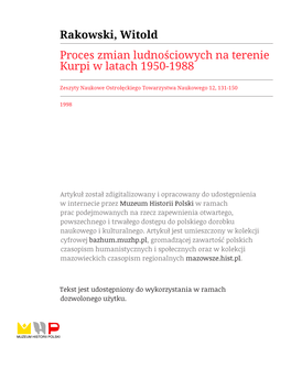 Proces Zmian Ludnościowych Na Terenie Kurpi W Latach 1950-1988