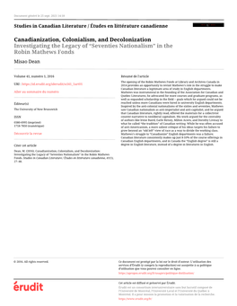 Canadianization, Colonialism, and Decolonization Investigating the Legacy of “Seventies Nationalism” in the Robin Mathews Fonds Misao Dean