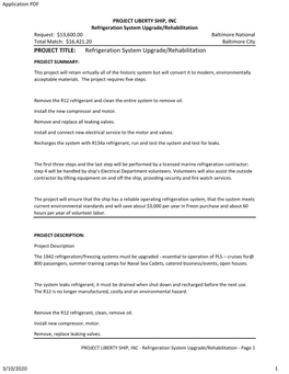 PROJECT TITLE: Refrigeration System Upgrade/Rehabilitation