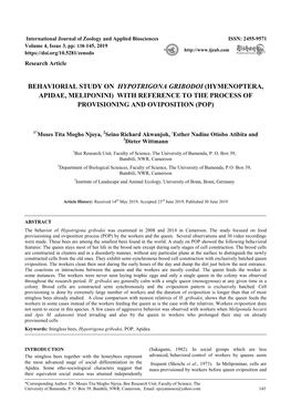 Behaviorial Study on Hypotrigona Gribodoi (Hymenoptera, Apidae, Meliponini) with Reference to the Process of Provisioning and Oviposition (Pop)