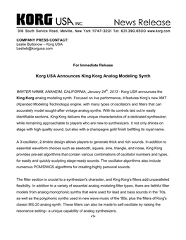 Korg USA Announces King Korg Analog Modeling Synth