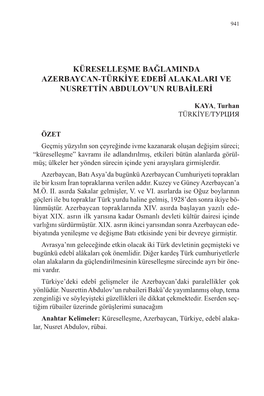 Küreselleşme Bağlaminda Azerbaycan-Türkiye Edebî Alakalari Ve Nusrettin Abdulov’Un Rubaileri