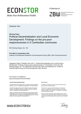 Political Decentralisation and Local Economic Development: Findings on the Pro-Poor Responsiveness in 5 Cambodian Communes