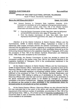 2. from the Election Commission of Lndia, New Delhi, Letter No.56 /Symboi/LET/EC|/PP/PPS]L/20184/Ol.-X)(/, Dated: 13$ November, 20'18