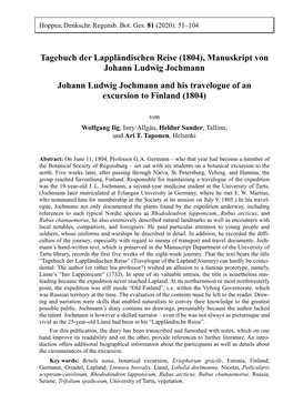 Tagebuch Der Lappländischen Reise (1804), Manuskript Von Johann Ludwig Jochmann Johann Ludwig Jochmann and His Travelogue of an Excursion to Finland (1804)