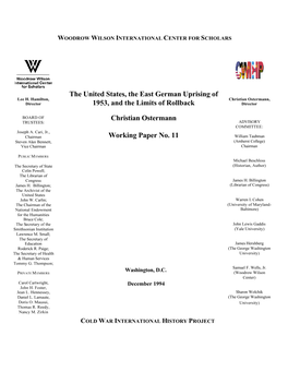 The United States, the East German Uprising of 1953, and the Limits of Rollback Christian Ostermann Working Paper No. 11