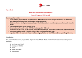 Appendix 1: North West Leicestershire District Council Potential Impact of High Speed 2