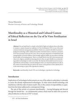 Matrilineality As a Historical and Cultural Context of Ethical Reflection on the Use of in Vitro Fertilization in Israel