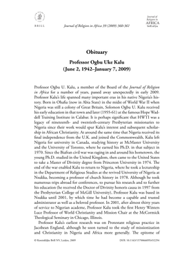 Obituary Professor Ogbu Uke Kalu (June 2, 1942–January 7, 2009)