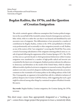 Bogdan Raditsa, the 1970S, and the Question of Croatian Emigration
