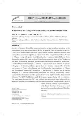 TROPICAL AGRICULTURAL SCIENCE a Review of the Ichthyofauna of Malaysian Peat Swamp Forest