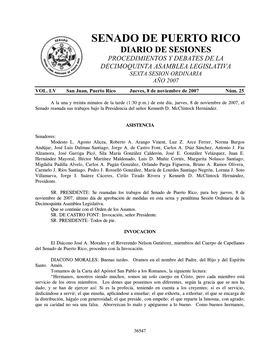 Senado De Puerto Rico Diario De Sesiones Procedimientos Y Debates De La Decimoquinta Asamblea Legislativa Sexta Sesion Ordinaria Año 2007 Vol