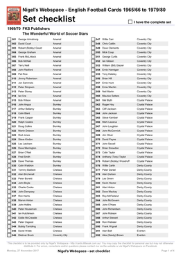 Set Checklist I Have the Complete Set 1969/70 FKS Publishers the Wonderful World of Soccer Stars