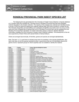 Rondeau Provincial Park Species List
