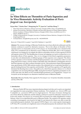 In Vitro Effects on Thrombin of Paris Saponins and in Vivo Hemostatic Activity Evaluation of Paris Fargesii Var