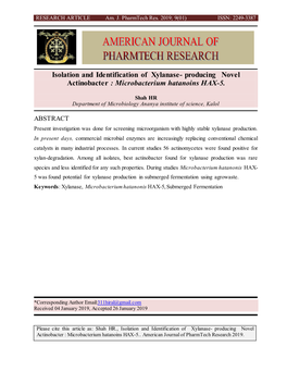 Isolation and Identification of Xylanase- Producing Novel Actinobacter : Microbacterium Hatanoins HAX-5