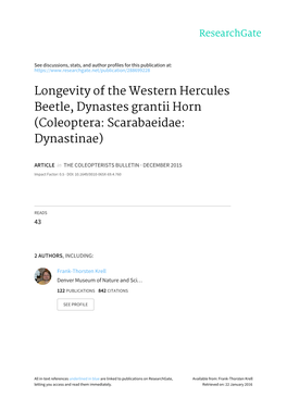 Longevity of the Western Hercules Beetle, Dynastes Grantii Horn (Coleoptera: Scarabaeidae: Dynastinae)