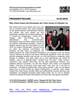 PRESSEMITTEILUNG 31.07.2018 Billy Talent Heizen Die Heimspiele