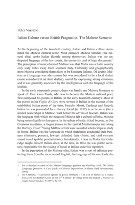 Peter Vassallo Italian Culture Versus British Pragmatics: the Maltese Scenario