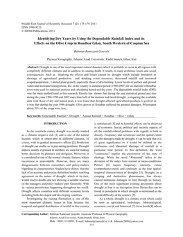 Identifying Dry Years by Using the Dependable Rainfall Index and Its Effects on the Olive Crop in Roudbar Gilan, South Western of Caspian Sea