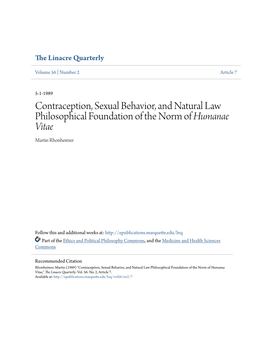 Contraception, Sexual Behavior, and Natural Law Philosophical Foundation of the Norm of Humanae Vitae Martin Rhonheimer