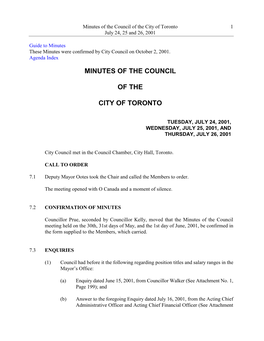 Minutes of the Council of the City of Toronto 1 July 24, 25 and 26, 2001